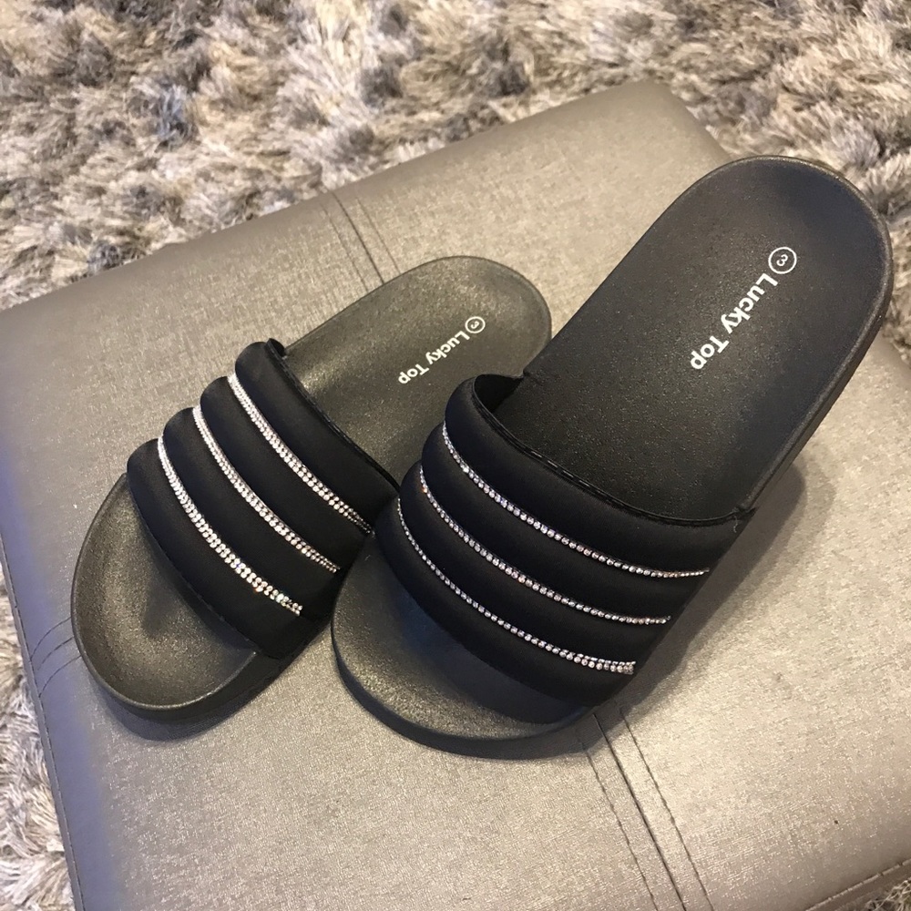 Kids Bling Stripe Slides- Black